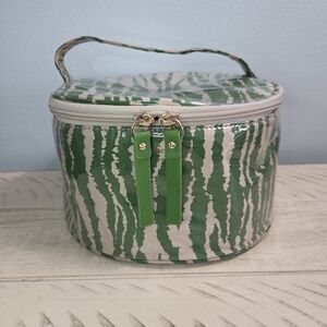 !RARE! Kate Spade Round Cosmetic/Toiletry Bag/Train Case Green/Beige Zebra Print
